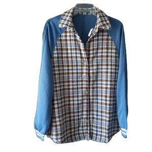 Shein blue Plaid w/solid sleeves Button-Up shacket jacket sz M NEW   /B3